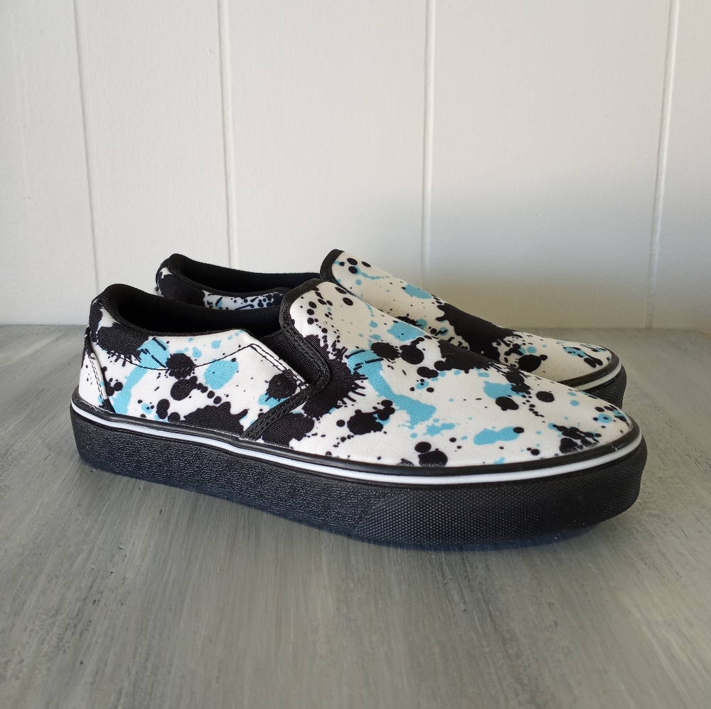 The RAAD Shop Blue and Black Splatter Slip On Shoes Men's Size 5 Women's Size 7